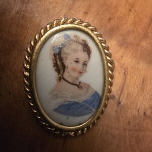 Limoges Vintage Porcelain Lady in Blue Cameo Brooch Pin